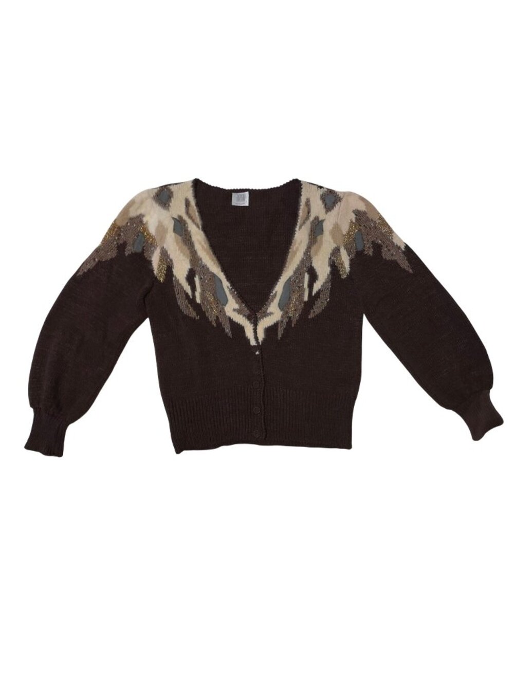 Vtg Madeleine Angora Cardigan Sweater Womens S Brown Knit V Neck Yoke Fair Isle